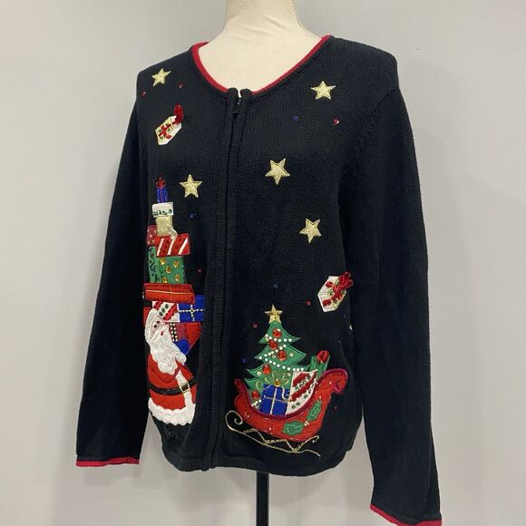 VTG Tiara Int'l M Black Ugly Christmas Sweater Zipper Cardigan Santa Embroidered - Picture 7 of 16